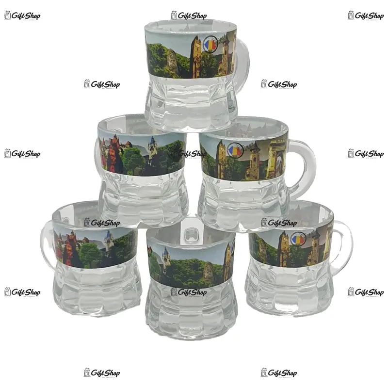 Castelul bran, vlad tepes, set 6 pahare pentru lichior/snaps realizat din sticla , model b